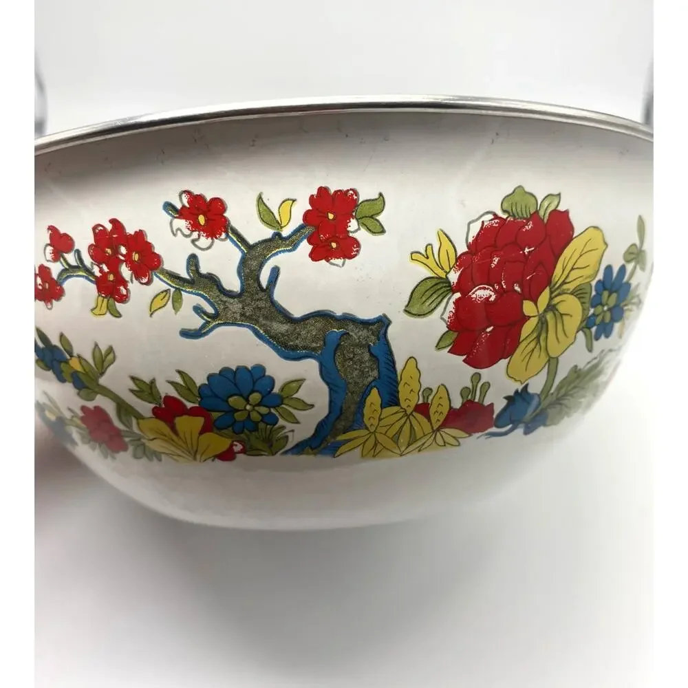 Vintage 1975 Enamelware Bowl with Red‎ Yellow Blue flowers